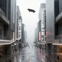 high resolution photograph, streetscape, simple brutalist architecture, metal, concrete, wet streets, white neon lights, color neon signs, flying cars, pedestrians, greg rutkowski, syd mead, ralph mcquarrie, concept art, matte painting, finely detailed, minimal artifacts, rule of thirds, dynamic lighting, cinematic, denoised, centered, artstation