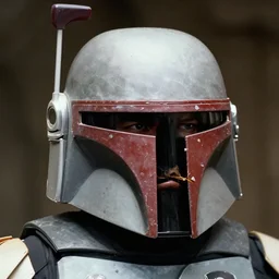 boba fett helmet slashed open partially exposed face scowling. screenshot from 1977 Star Wars