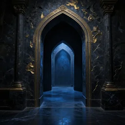 The portal into his imagination. High concept art. Introspective. Blue black gold themed.