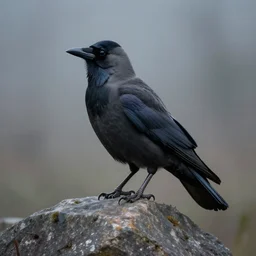 cawing crow sitting on a rock. atmospheric lighting. foggy background. highly detailed matte painting by greg rutkowski.