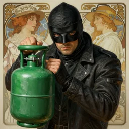 portrait of a masked thief stealing green gas, intricate, highly detailed, ray tracing, digital painting, artstation, concept art, smooth, sharp focus, illustration, art by artgerm and greg rutkowski and alphonse mucha, 8 k