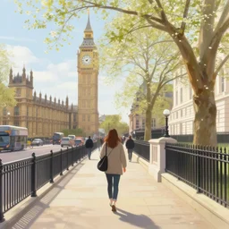 i walk in london, united kingdom. volumetric lighting, spring, nice weather, realistic illustration, perfectly shaded, soft painting, art by krenz cushart and wenjun lin