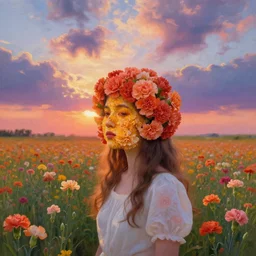 head made of carnations flower, girl standing in a vast flower field, surreal photography, sunrise dramatic light, impressionist painting, colorful clouds, large sky, digital painting, artstation, simon stalenhag, flower face