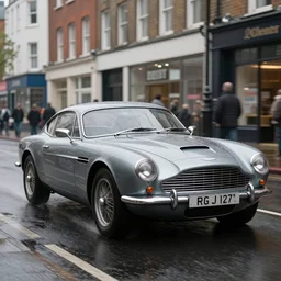 street photography by saul leiter, in a wet london high quality street, award winning photo of an ultra detailed dirty high quality vintage aston martin car speeding very fast on water, fast shutter speed, motion blur, tiny gaussian blur, highly detailed, highly intricate, depth of field, trending on top gear