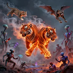 two headed tiger made of smoke, lava and fire flying in the sky ; cat flying in the sky ; panther flying in the sky ; humans being devoured ; aliens, robotic machines, gods, bio - mechanical intelligences, glitch creatures, dmt entity ; lsd art, trending on artstation, style greg rutkowski