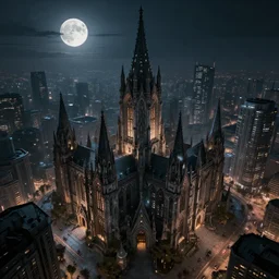 fictional city, gothic architecture, cyberpunk, nighttime moonlight, decadent, aerial view, matte painting