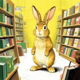 a book store, customers are rabbit, by m. c. escher, yellow, green, red, snowy, ultra sharp, ultra detailed, happy, uplifting, colorized by salvador dali