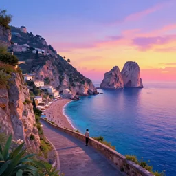 epic professional digital art of a lonely street on a cliff over the sea at sunset in capri island, large sand beaches, best on artstation, colorful sylvain sarrailh concept art, by peter chan, pixar movie, upscaled, perfect composition , golden ratio