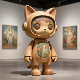 3 d octane render ultra 8 k photorealistic hyper detailed unreal engine a, vhs, futurepunk, concept art, trending on cgsociety, artwork masterpiece, in a contemporary art gallery, lossless quality, wooden sculpture statue on feet art toys, a very cute mystical robot of the bohemian with cats ears artwork by alphonse mucha