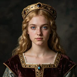 portrait of young woman in medieval dress and medieval headdress, blue eyes and blond hair, style by the sandro botticelli