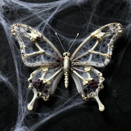 a haunting creepy unsettling spooky butterfly made from skeletal ribcage bones and spider web cobwebs