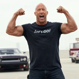 vin diesel as dwayne johnson flexing and yelling let's go!, fast furious, low isometric perspective, cinematic still, movie still, long lens, shallow depth of field, bokeh, anamorphic lens flare, 8 k, hyper detailed, 3 5 mm film grain