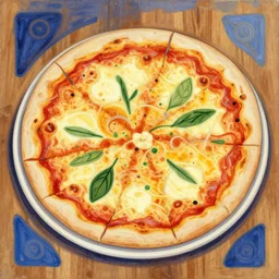 Pizza on a table in the style of Paul Klee