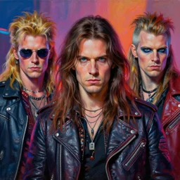 apocalyptic scifi orcish biker characters posing for a professional photo, psychedelic vibrant colors, futuristic punk rock fashion, highly detailed oil painting by michael whelan art, perfect face, sharp focus, detailed eyes, realistic, long hair, leather jacket, 8 0 s hairstyle, 8 k