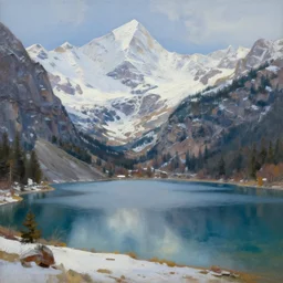 beautiful mountain landscape, lake, snow, oil painting 8 k hd