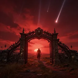 gate to hell in the plains with red sky and meteors, volumetric lighting, 8 k octane beautifully detailed render, post - processing, extremely hyper - detailed, intricate, epic composition, cinematic lighting, masterpiece, trending on artstation, detailed detailed detailed, masterpiece, stunning art by anders zorn, wonderful masterpiece by greg rutkowski, beautiful cinematic light,