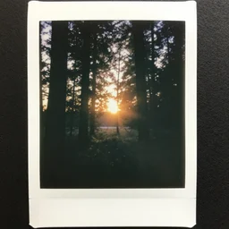 polaroid photo of sunrise in a forest