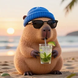 a photorealistic photograph of a knitted cute Capybara dressed in sunglasses and a blue beanie cap. The subject is drinking a refreshing Mojito drink at the beach during sunset. The image is Trending on Artstation, featured on Behance, well-rendered, fine detail, extra crisp image, Unreal Engine, 4K HD