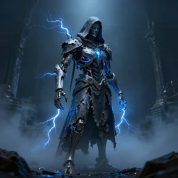character design, biomechanical arcanist, tattered hood, medical hearth, blue lightning, blue mist, fog, scary, photorealistic, cinematic, hyper realistic, octane render, 8 k, wide angle