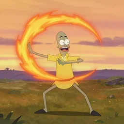 squidward practicing firebending in an open field at susnset, screenshot from animated tv show'avatar : the last airbender'