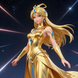 a golden goddess with blue adornments quarter turn figurative anime portrait, in space, transcending to a higher plane in the multiverse, lazer light beaming down to top of her head, by android jones, by ben ridgeway, by ross draws, by Noah Bradley, by Maciej Kuciara