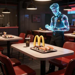 a photorealistic hyperrealistic render of a cyberpunk mcdonald table with branded sushi, interior scene by greg rutkowski, wlop, artgerm, holographic waiter, distopic, dramatic lighting, strong shadows, volumetric, cinematic atmosphere, octane render, artstation, 8 k