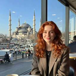 a girl with red hair and brown eyes seating in starbucks and smiling, large glass window behind her where Blue Mosque and Bosphorus can be seen