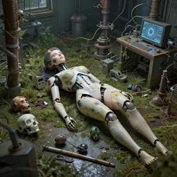 a female android body parts laying in an abandoned toxic lab, naturel, hyper detailed, digital art, trending in artstation, cinematic lighting, studio quality, smooth render, unreal engine 5 rendered, octane rendered, art style by klimt and nixeu and ian sprigger and wlop and krenz cushart.
