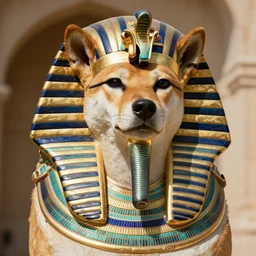 egyptian royal funerary mask of a shiba inu pharaoh