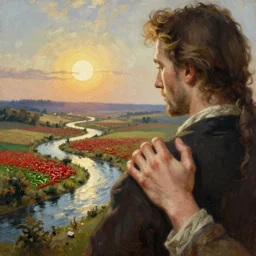 breathtaking detailed soft painting of silver hours of the sun through rivers, caresses on pepper plains, the hand of the country on my shoulder, rembrandt style, elegant, highly detailed, artstation, concept art, matte, sharp focus, art by tom bagshaw, and greg rutkowski
