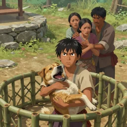 in the foreground, yukan holds kumu tight, and looks up defiantly. yukan ’ s dog growls ( dog is healthy and strong at this point in the story ). behind them, yukan ’ s mother yuma and pasang, his father, clutch each other in fear. in the background there ’ s a stone terrace and in the foreground is the destroyed circular bamboo pig pen. digital painting, artstation