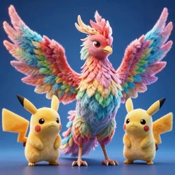 high quality 3 d render hyperrealist very cute multicolor stripped fluffy! phoenix chimera hybrid with wings!! highly detailed, vray smooth, in the style of detective pikachu, hannah yata charlie immer, dramatic blue light, low angle, uhd 8 k, sharp focus