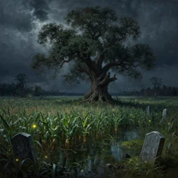 fantasy oil painting, a swamp, cornfield, an old stumpy tree, gravestones, night, dnd, spooky, stormclouds, fireflies, highly detailed, by jeff easley and larry elmore and tim hildebrandt, 4 k, 5 0 mm, unreal engine