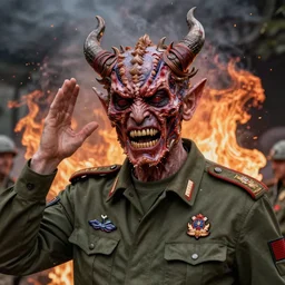 igor ivanovich strelkov became an bloody aggressive degenerate hellfire demon calling for total mobilization, photo - realistic, color image, 2 k, highly detailed, bodyhorror, occult art