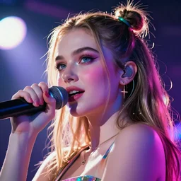 face shot of grimes performing onstage trending on artstation [ neon rim lighting ]! bioluminescent colors 3 2 k quality cgsociety contest winner polycount hd artstation portrait! artstation hd intricate detailed rim lights! lens flare vivid colors