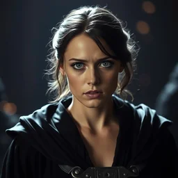 movie still of daisy ridley as sith empress wearing a black satin robe and metal belt with dark eye makeup, sweaty, detailed eyes, neutral expression, shallow depth of field, photorealistic, cinematic lighting, lovely bokeh, dark moody light, strong rim light, movie quality, star wars