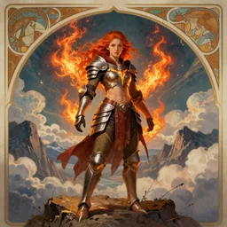 full body portrait of a beautiful young princess. she is a fire wizard with fire red hair and freckles. she is wearing armor inspired by giger with an exposed midriff. standing on a mountain top with epic clouds and volumetric lighting. intricate illustration and highly detailed digital painting. concept art by artgerm with border inspired by alphonse mucha. inspired by brom art and larry elmore.