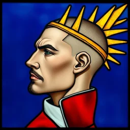 beautiful and detailed portrait of a man wearing a slim golden crown with short spikes, profile view, side view, stern and confident, buzzcut, stubble, red coat with white collar, stained glass art, by alphonse mucha, blue background, very masterful