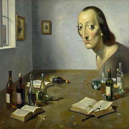 bottles and bibles litter the floor, oil on canvas paint by salvador dali