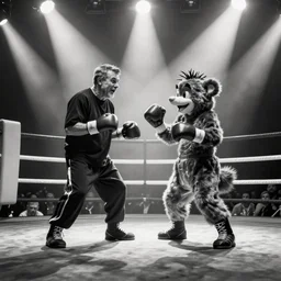 Harvey price boxing match with Mr tumble, black and white, dramatic lighting