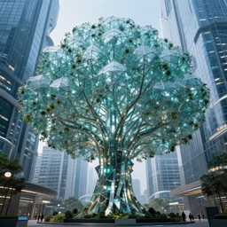 massive glass tree in center of futuristic city