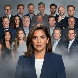 Alexandria Ocasio-Cortez staring into the camera, misty wisps, Lilia Alvarado, Sophie Anderson, Mark Arian, Bob Byerley, Charlie Bowater, Mark Brooks, Steve Henderson, Justin Gerard, Arthur Hughes, Edward Robert Hughes, Mark Keathley, Victor Nizovtsev, Carlos Shwabe, Ross Tran, WLOP