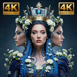 hyperrealist portrait of a symmetrical beautiful queen very detailed symmetrical faces, she is in the center of image 2 0 4 4 space sport engineer, her body is decorated with long blue wires and white flowers that fall like vines and wears a huge computer crown by roberto ferri, fantasy art, photo realistic, dynamic lighting, unreal engine rendered, artstation, poster, dramatic light, - 8 k, award winning