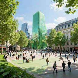 futuristic crowded green square in london, sunny day, volumetric light, roger madrini, hyperdetailed, artstation, cgsociety, 8 k