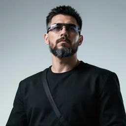 bust portrait of handsome proud man with short black hair with a touch of grey, viking short beard warrior with cyberpunk glasses, fashion editorial photography, waist up, low angle