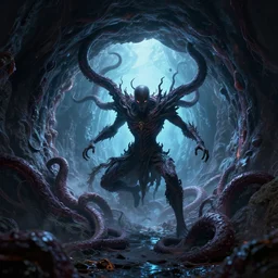 the dark magician summons a portal to the other world, tentacles climb from the portal, peter mohrbacher style, ray tracing, octane render, cinematic, digital art, realistic, high quality, 8 k