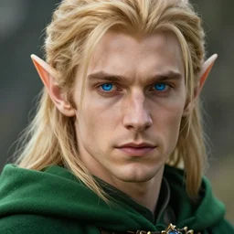 masterpiece closeup portrait of a male elf with blonde hair and blue eyes, wearing a green cloak, by artgerm, 4k, masterpiece, uhd unreal raytracing , detailed