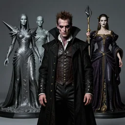 studio portrait of mr sinister by rembrandt, prometheus movie still frame of vampiric mr sinister, mcu nathaniel essex mr sinister by wayne barlowe by caravaggio, 3 d fantasy character sculpture by beksinski, editorial dress of futuristic collection by alexander mcqueen and guo pei