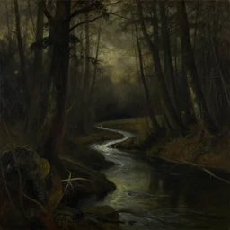 turner, j. m. w and delvaux, paul grunge gothic oil landscape painting of a river in the forest, dark art