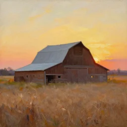 barn in a dry grass field at sunset, impressionist painting, oil on canvas, golden hour, beautiful lighting